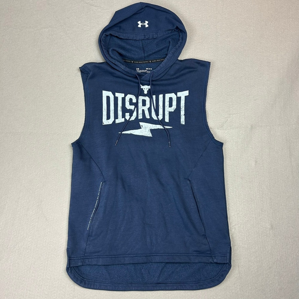 Under Armour Project Rock Disrupt Sleeveless Hoodie Mens Medium Navy Blue - Picture 2 of 8